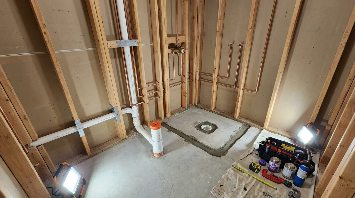 Bathroom rough-in plumbing during remodel by Johns Plumbing LLC in Fallbrook