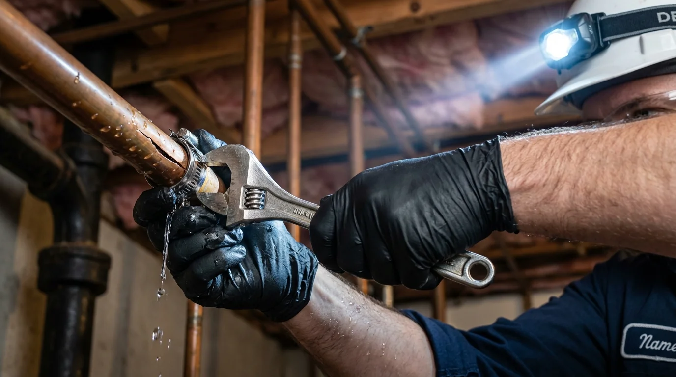 Emergency pipe clamp repair being performed by a Johns Plumbing LLC plumber in Fallbrook