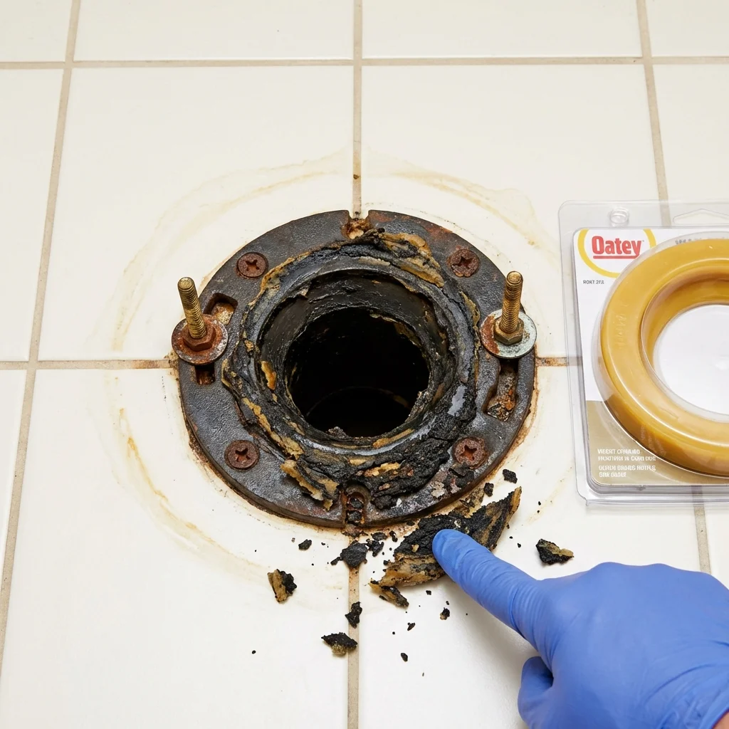 Failed wax ring showing water seepage at the base of a toilet in a Fallbrook, CA home