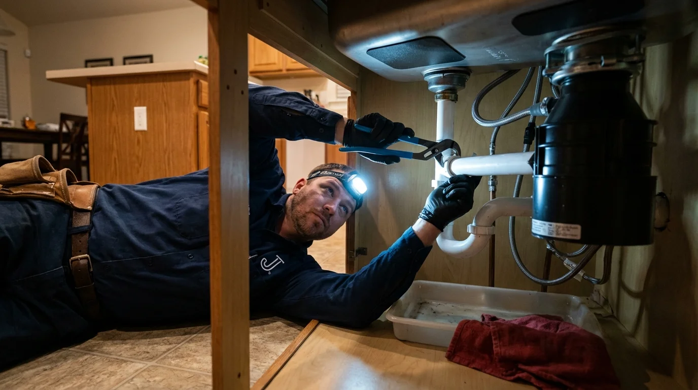 P-trap and supply line connections under a kitchen sink showing a common leak point in Fallbrook, CA